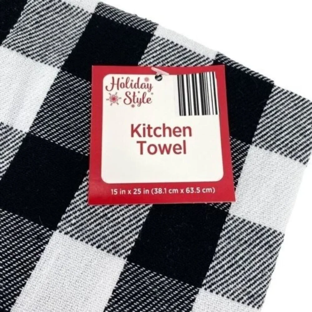 Black and White Buffalo Check Embroidered Holiday Kitchen Towel Set